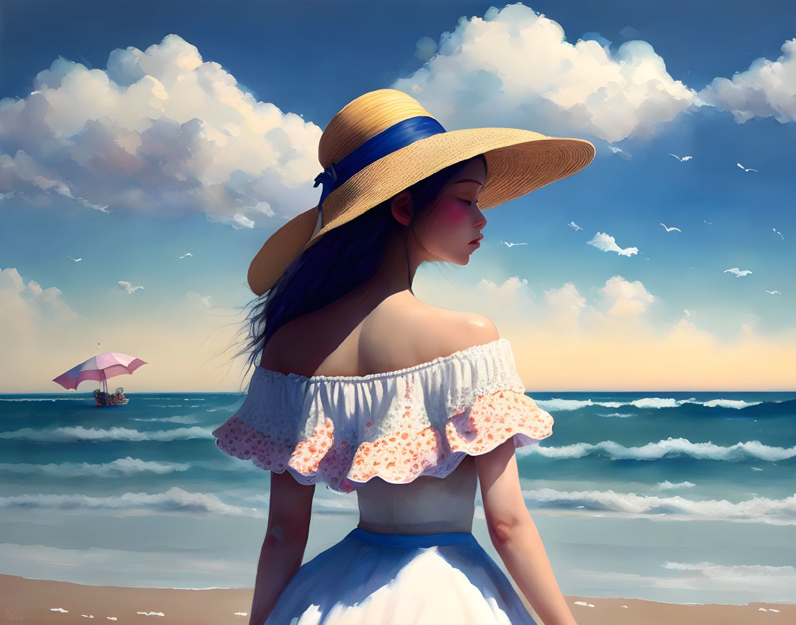 Woman in white off-shoulder top and wide-brimmed hat by serene sea under blue sky