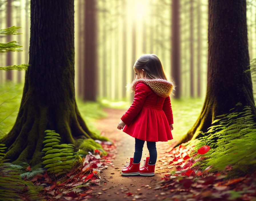 Child in red coat and boots on forest path with tall trees and ferns