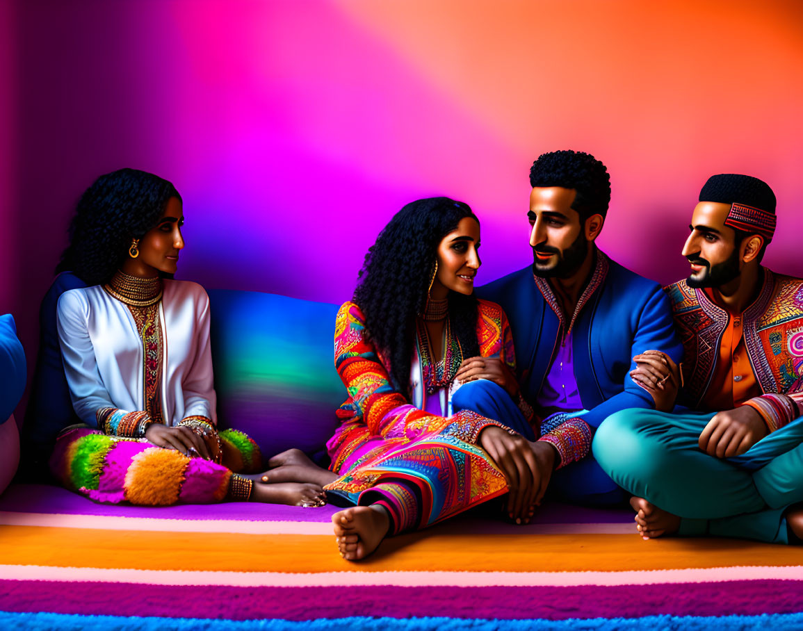 Four People in Traditional Indian Attire Against Colorful Background