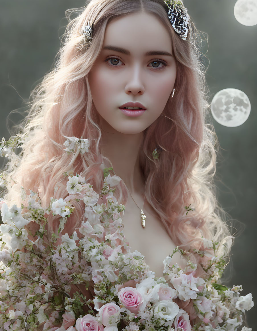 Pink-haired woman with floral veil and surreal moons in the background