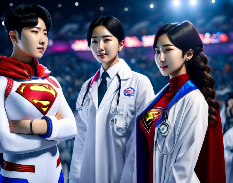 Three people in medical and superhero costumes pose confidently in front of a blue-lit stadium.