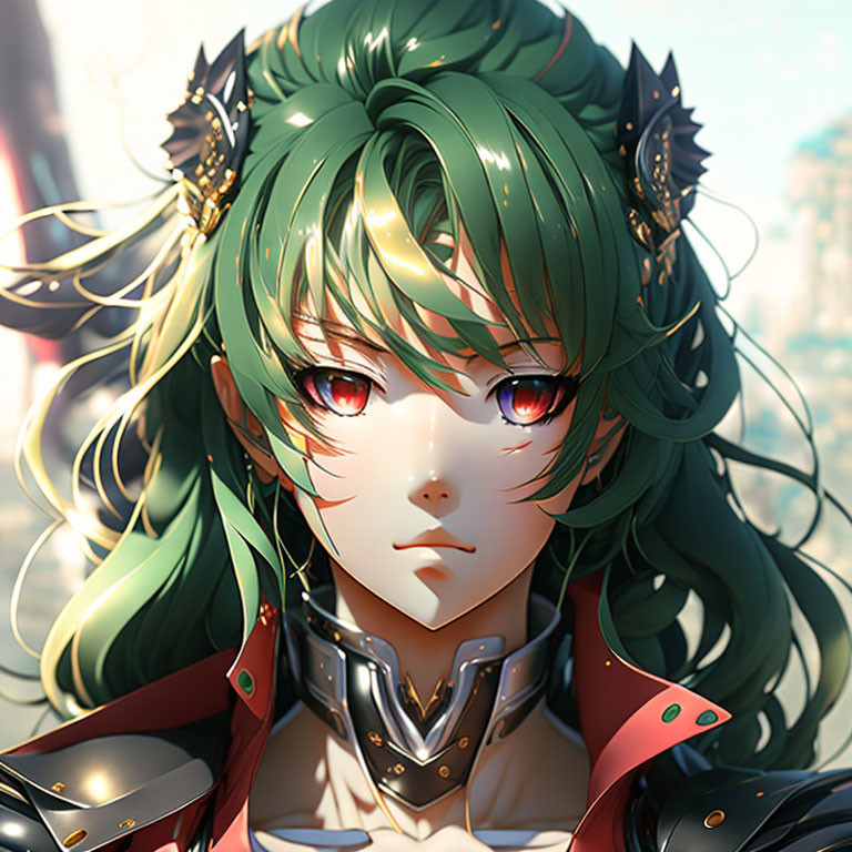 Illustrated character with red eyes and green hair in red and silver armor