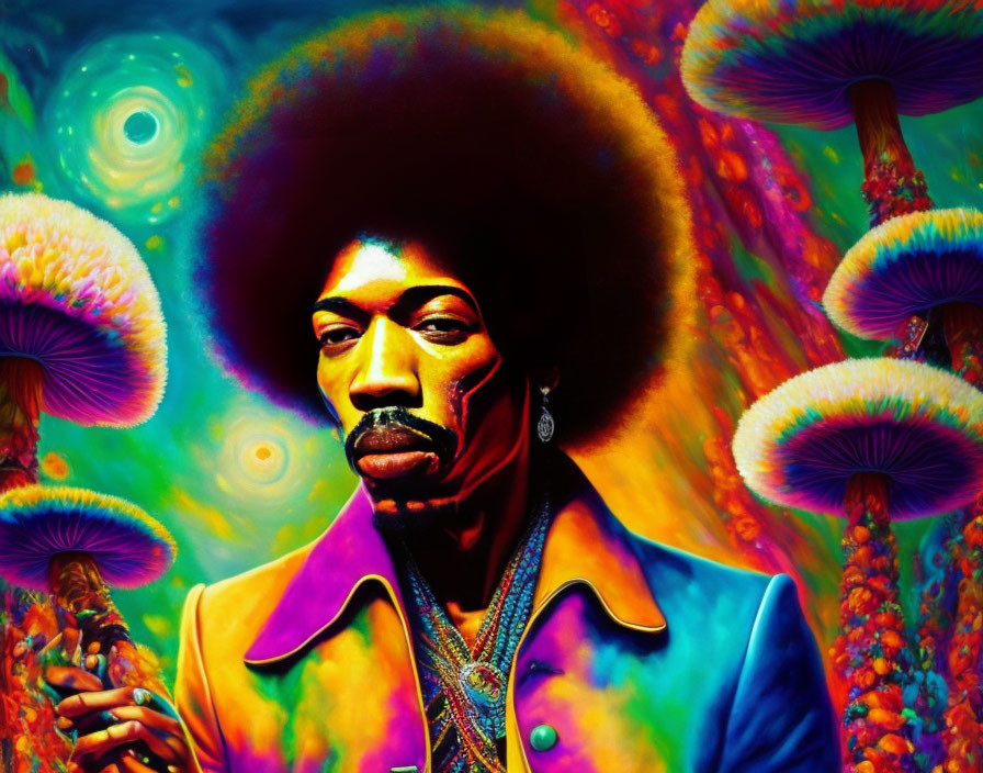 Colorful Psychedelic Artwork Featuring Man with Afro and Mushrooms