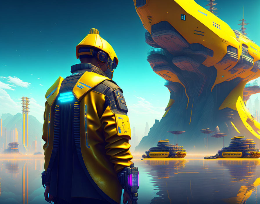 Futuristic yellow suit person overlooking cityscape with floating ships