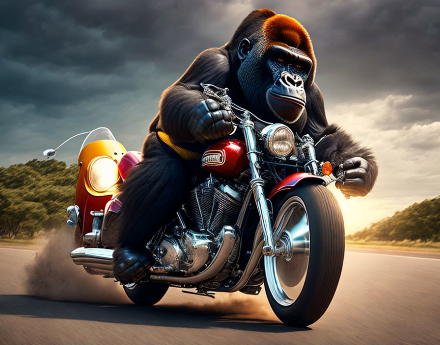 Gorilla on Red Motorcycle Speeding with Intense Expression