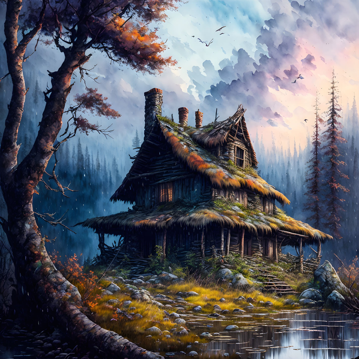 Rustic wooden cabin with thatched roof near lake in twilight forest