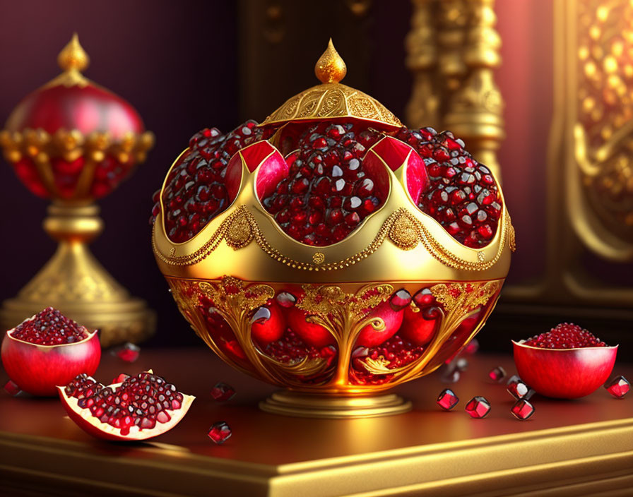 Golden Bowl with Pomegranates on Purple Background