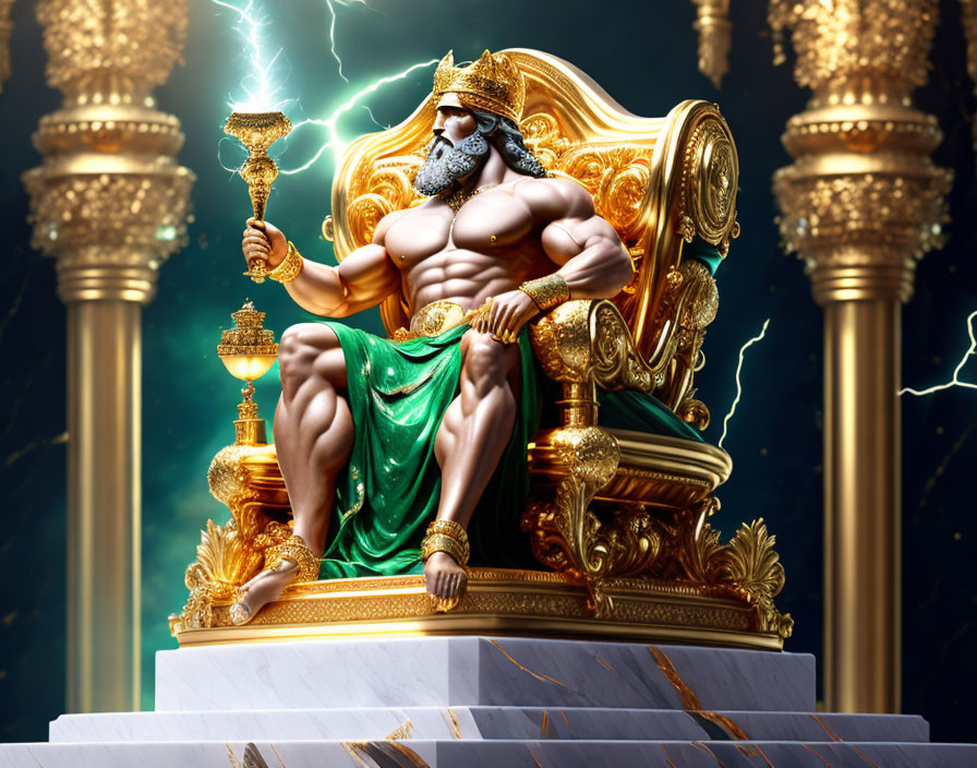 Bearded figure on golden throne with lightning bolt under stormy skies