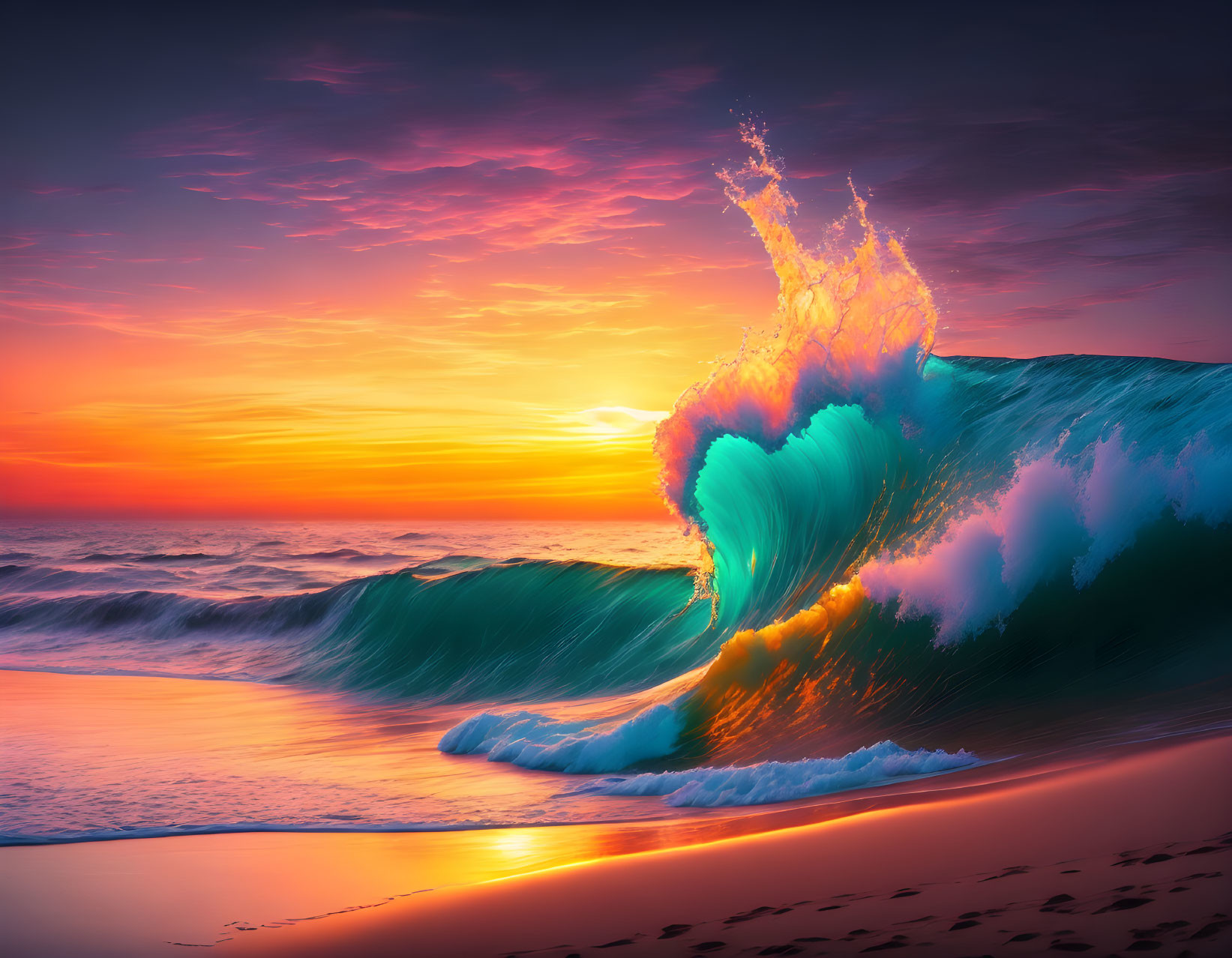 Vibrant ocean sunset with towering wave under warm sun hues