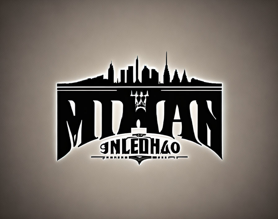 City skyline silhouette over symmetrical text with spider design on gradient background