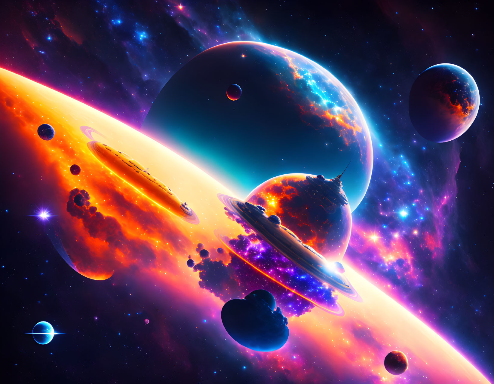 Colorful cosmic scene with planets, asteroids, and nebula