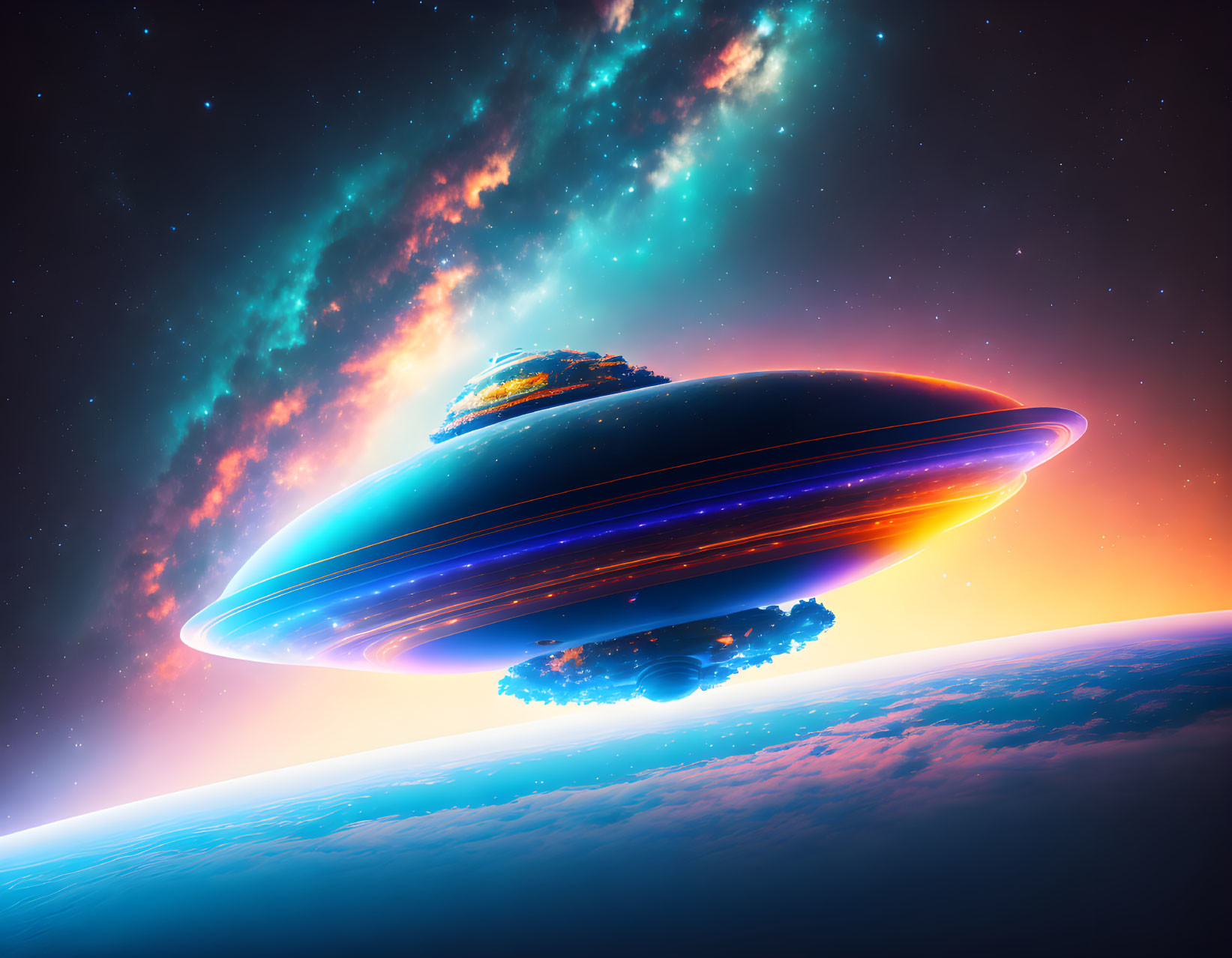 Colorful UFO hovering over Earth with starry sky and nebula