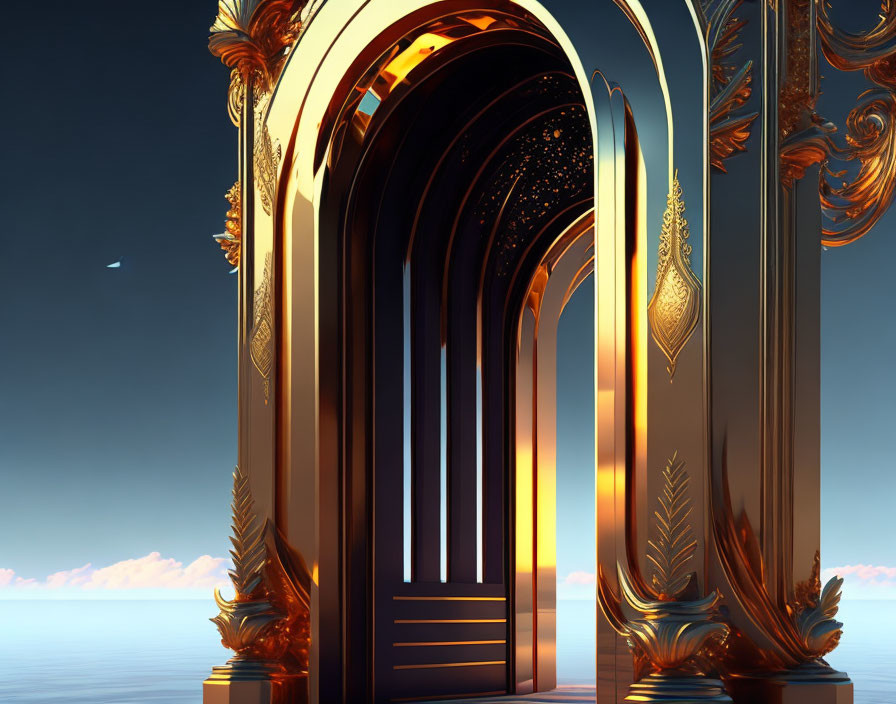 Golden archway frames serene seascape under clear blue sky with hints of stars.