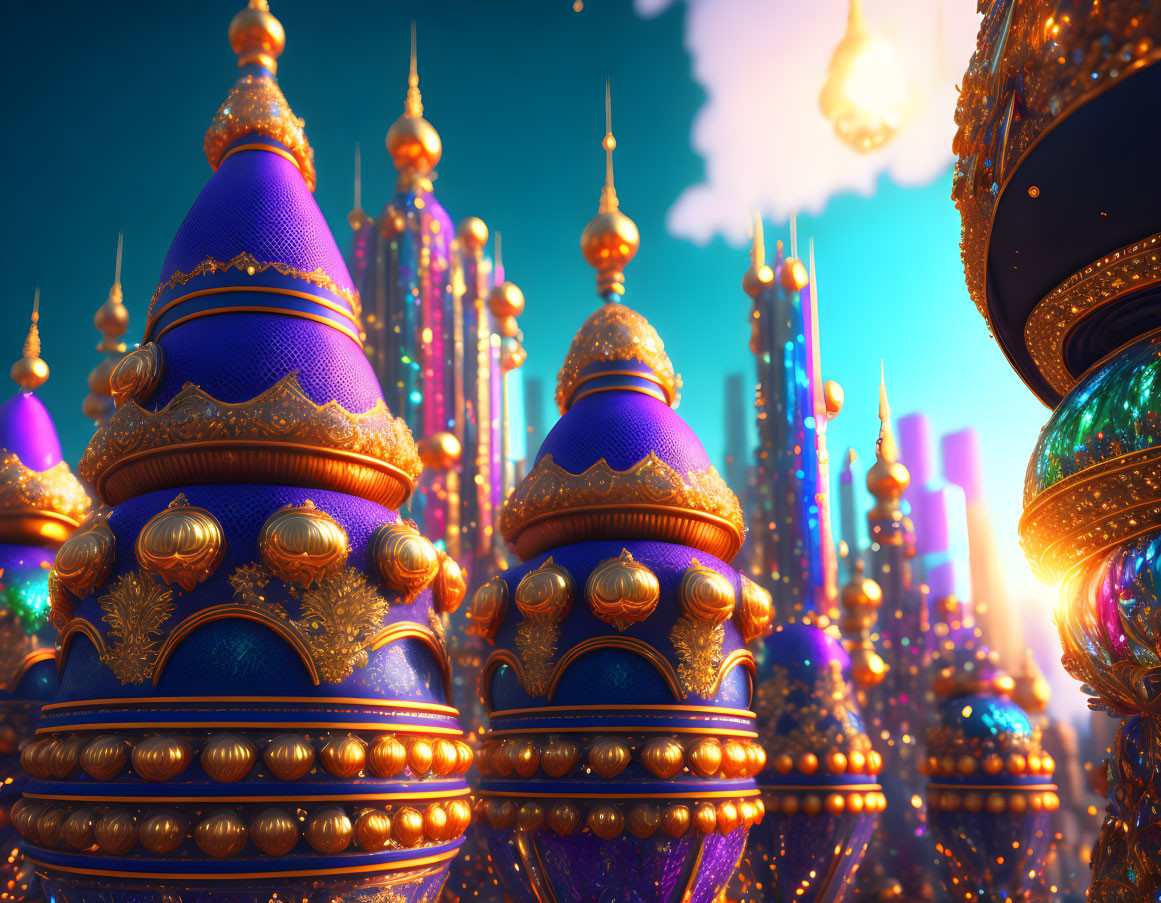 Vibrant futuristic cityscape with ornate gold and blue domed structures