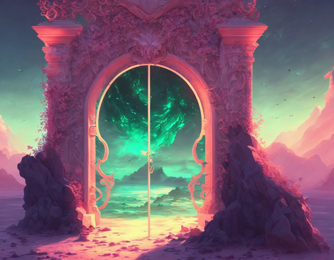 Ornate archway on rocky shore leading to swirling green portal