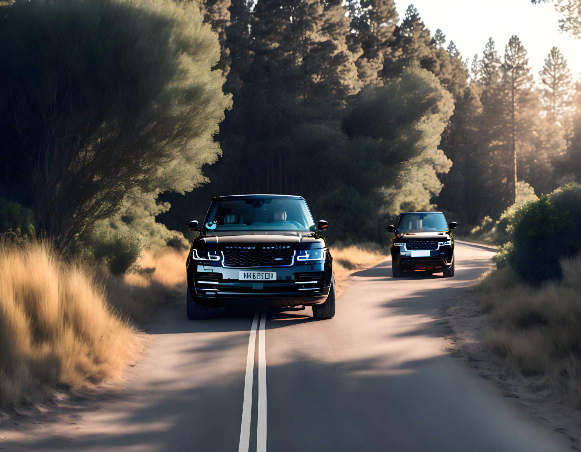 Forest road scene: Two Range Rovers under sunlight and shadows