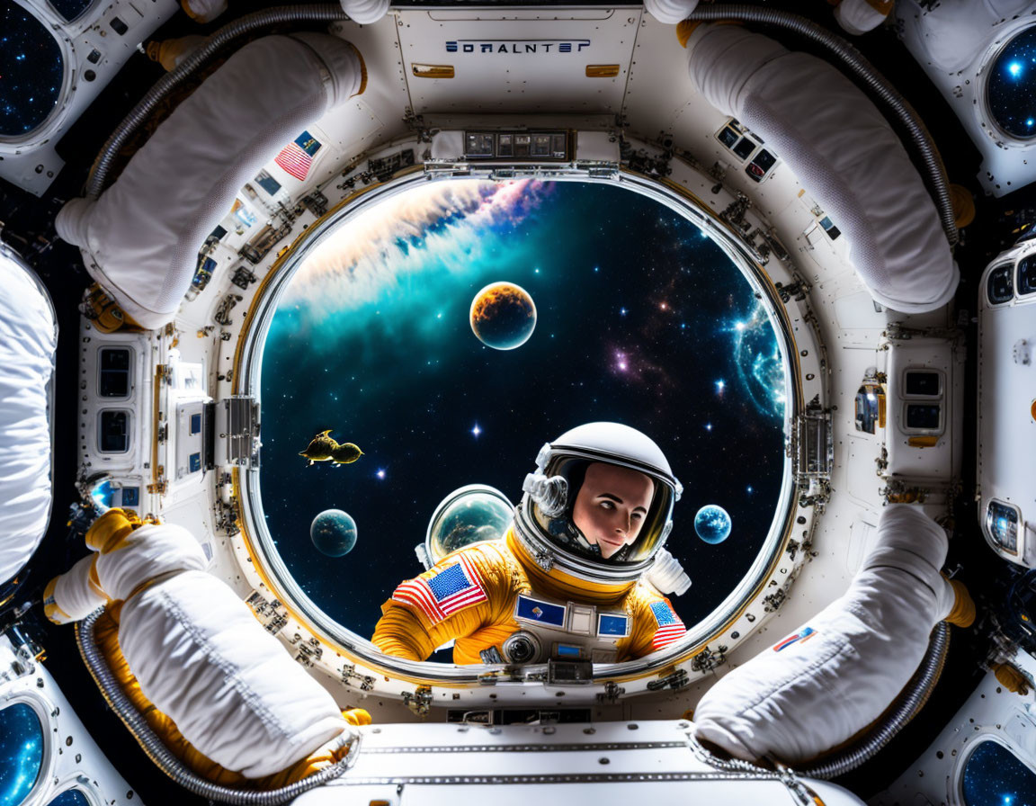 Astronaut in space suit admires cosmic view from spacecraft cupola