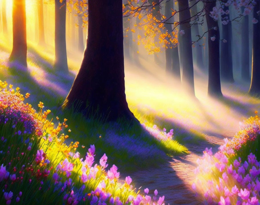 Sunlit forest path with colorful wildflowers