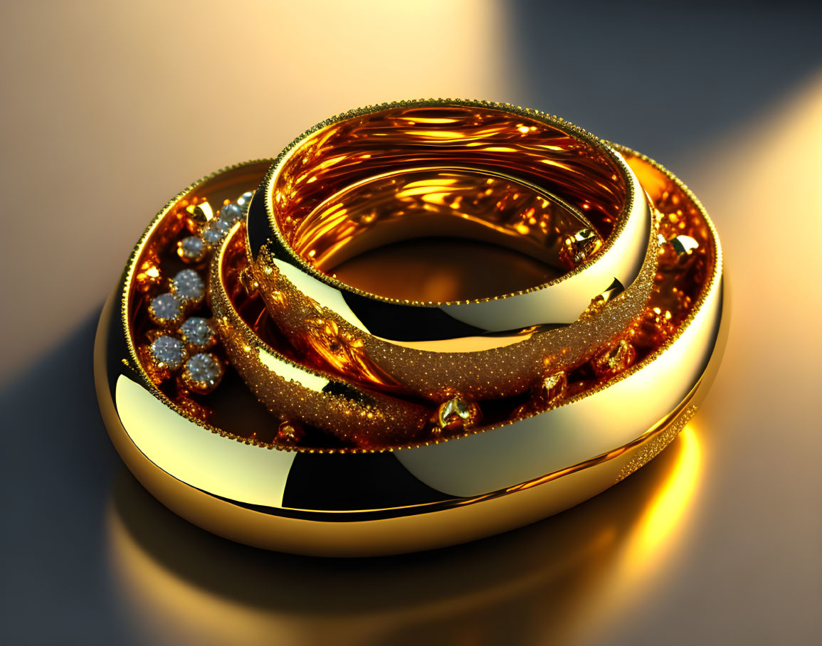 Intertwined Gold Rings with Diamond Embellishments on Smooth Surface