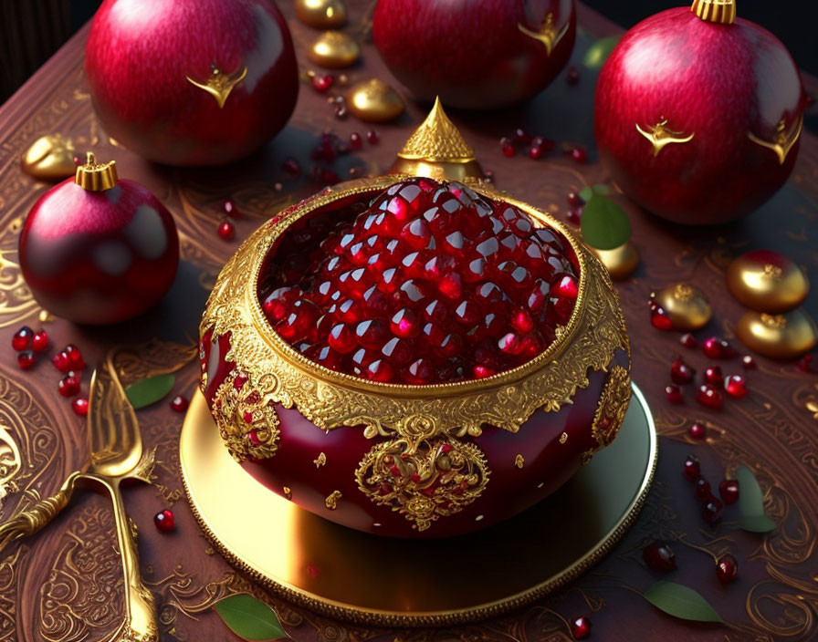 Golden bowl with pomegranate seeds on rich backdrop