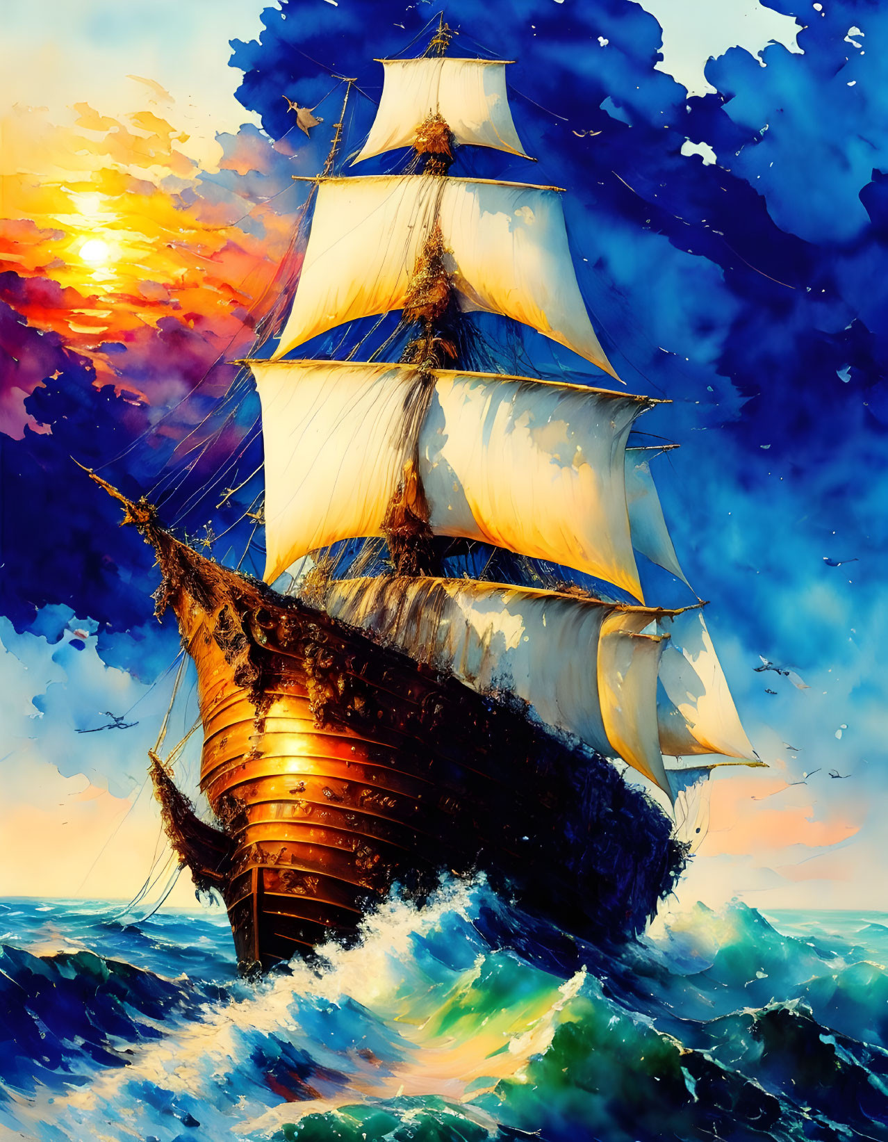 Majestic sailing ship painting in rough ocean waves at sunset