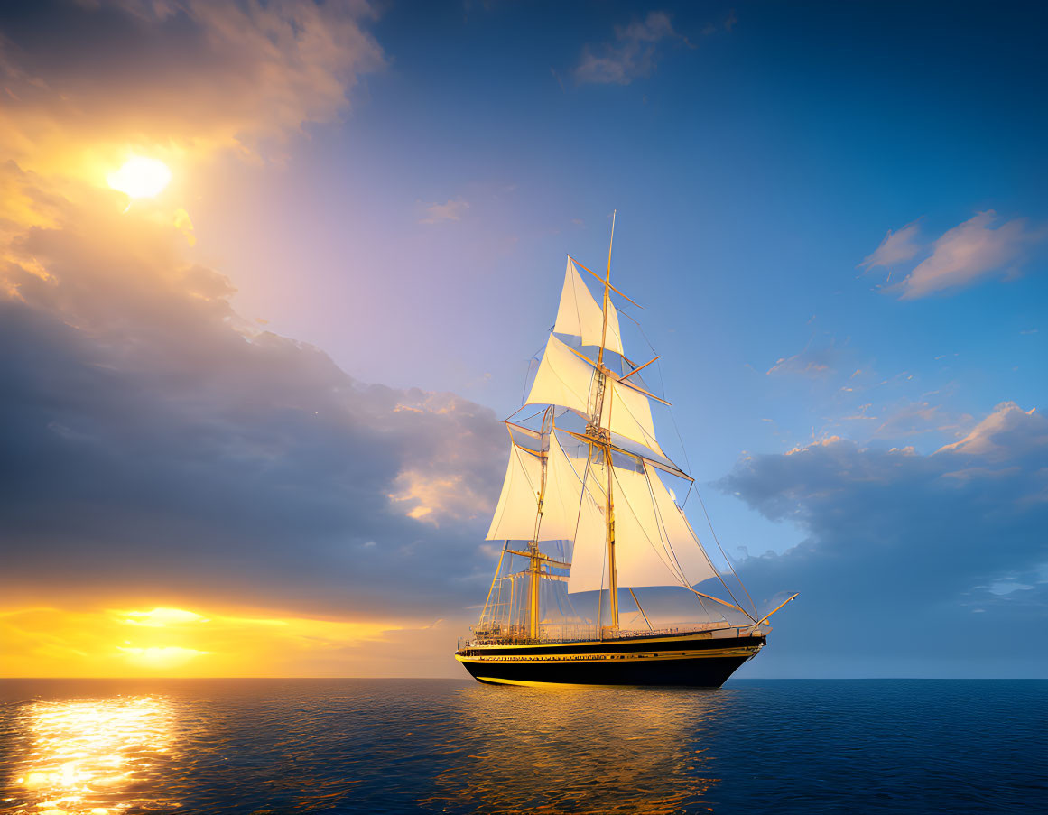 Sailing ship on calm sea at sunset with dramatic sky