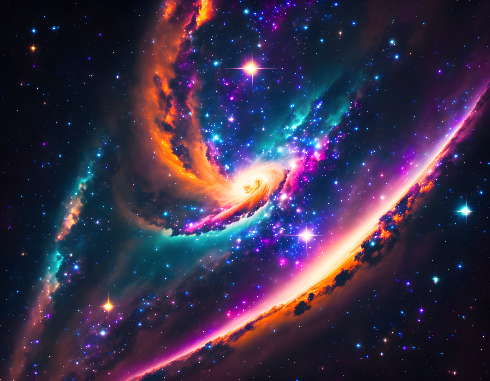 Colorful swirling galaxy with orange, purple, and blue hues and bright stars.