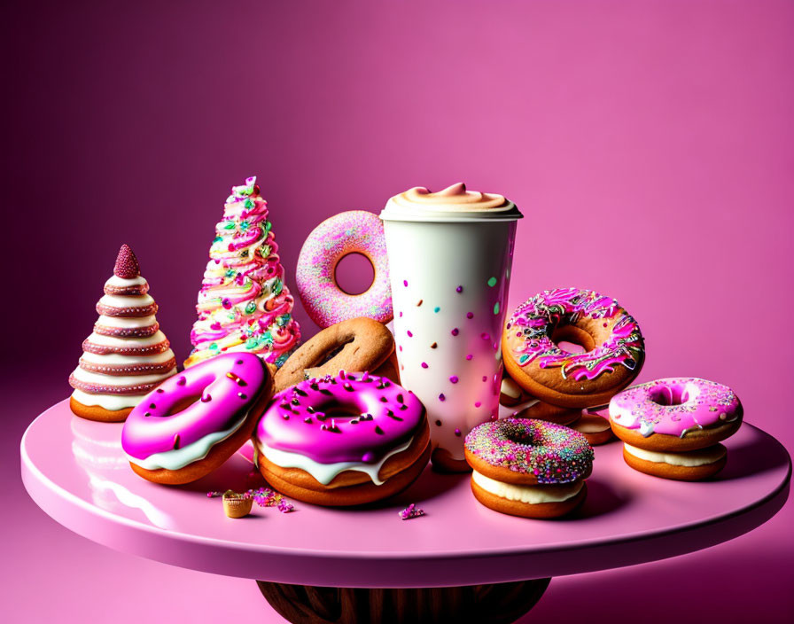 Assorted decorated pastries and coffee on pink background