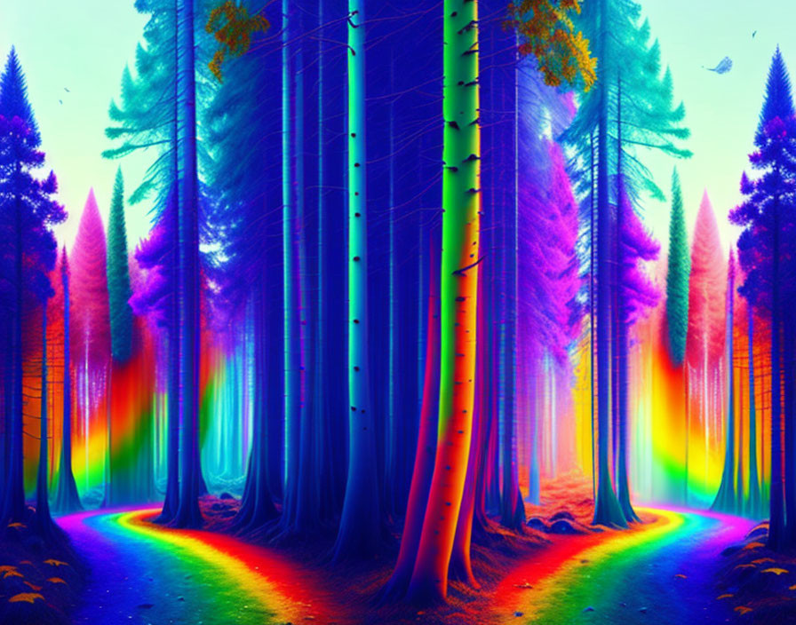 Colorful Rainbow Forest Scene with Large Trees and Psychedelic Aesthetic