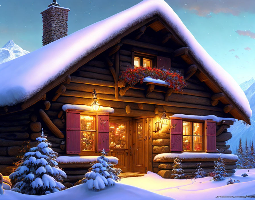 Snowy log cabin with glowing windows in mountain setting