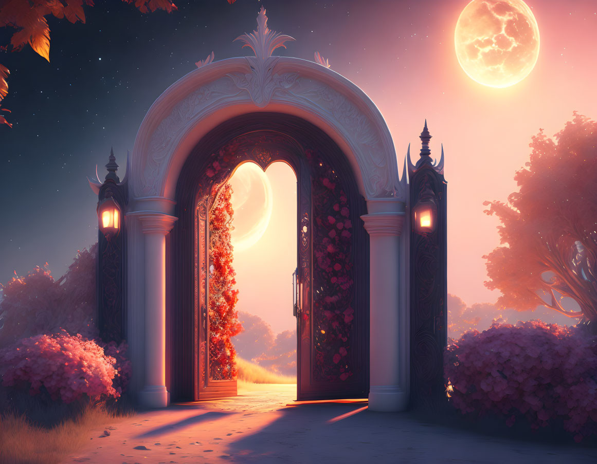 Fantastical archway door in vibrant floral landscape at twilight