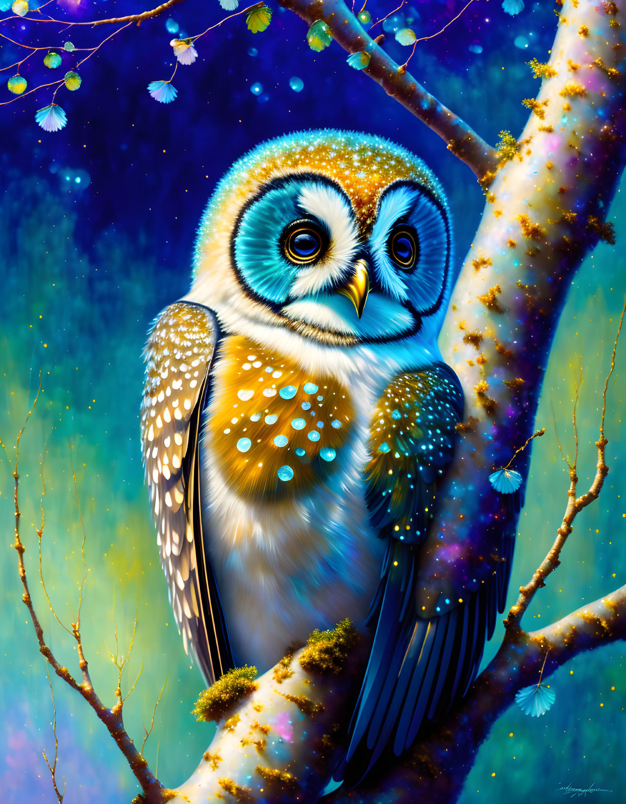 Colorful Owl Perched on Branch in Starry Night Scene