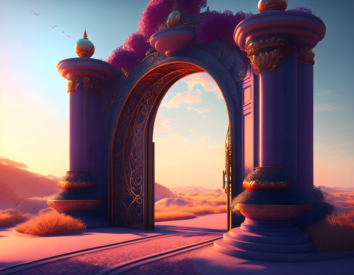 Majestic purple-gold archway in golden field under sunset sky