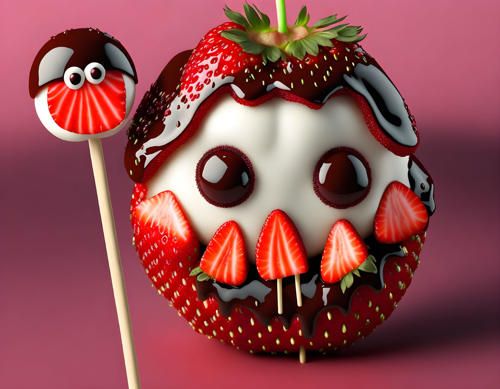 Skull-shaped dessert with strawberry, chocolate, and candy eye on pink backdrop