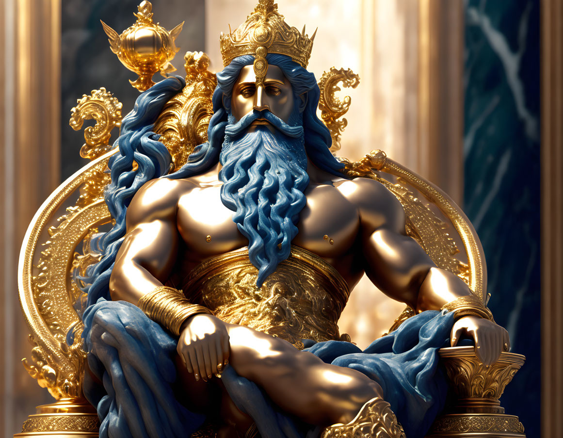 Royal figure with blue hair and beard on golden throne with crown and scepter