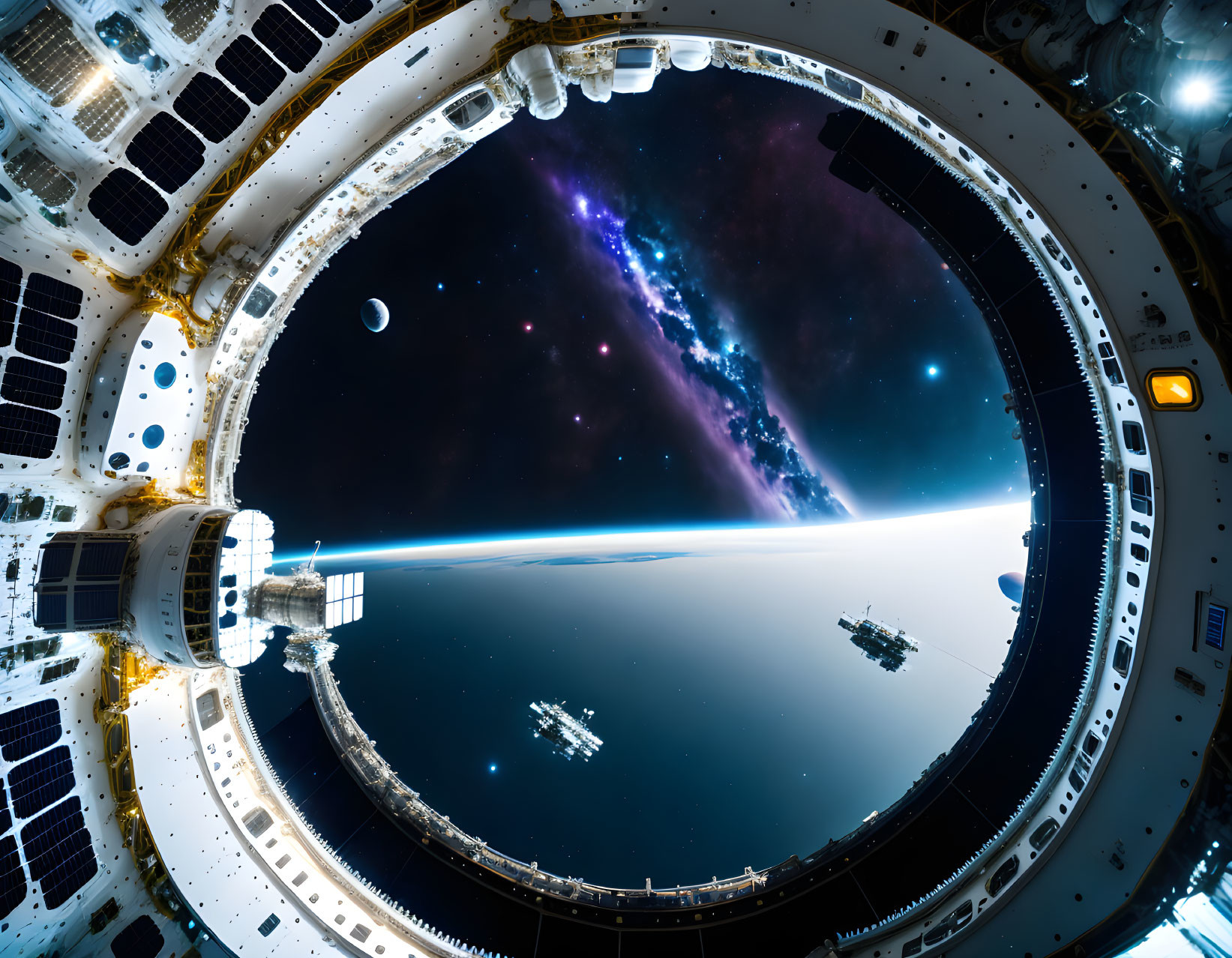 Earth's horizon and starry space viewed from spacecraft window