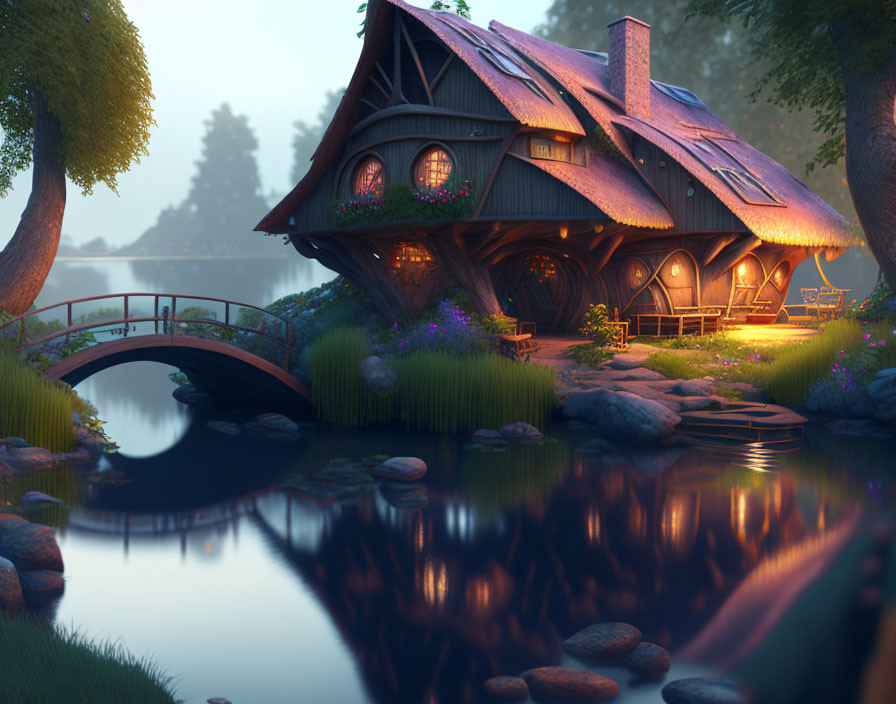 Thatched Roof Cottage by Tranquil River at Twilight