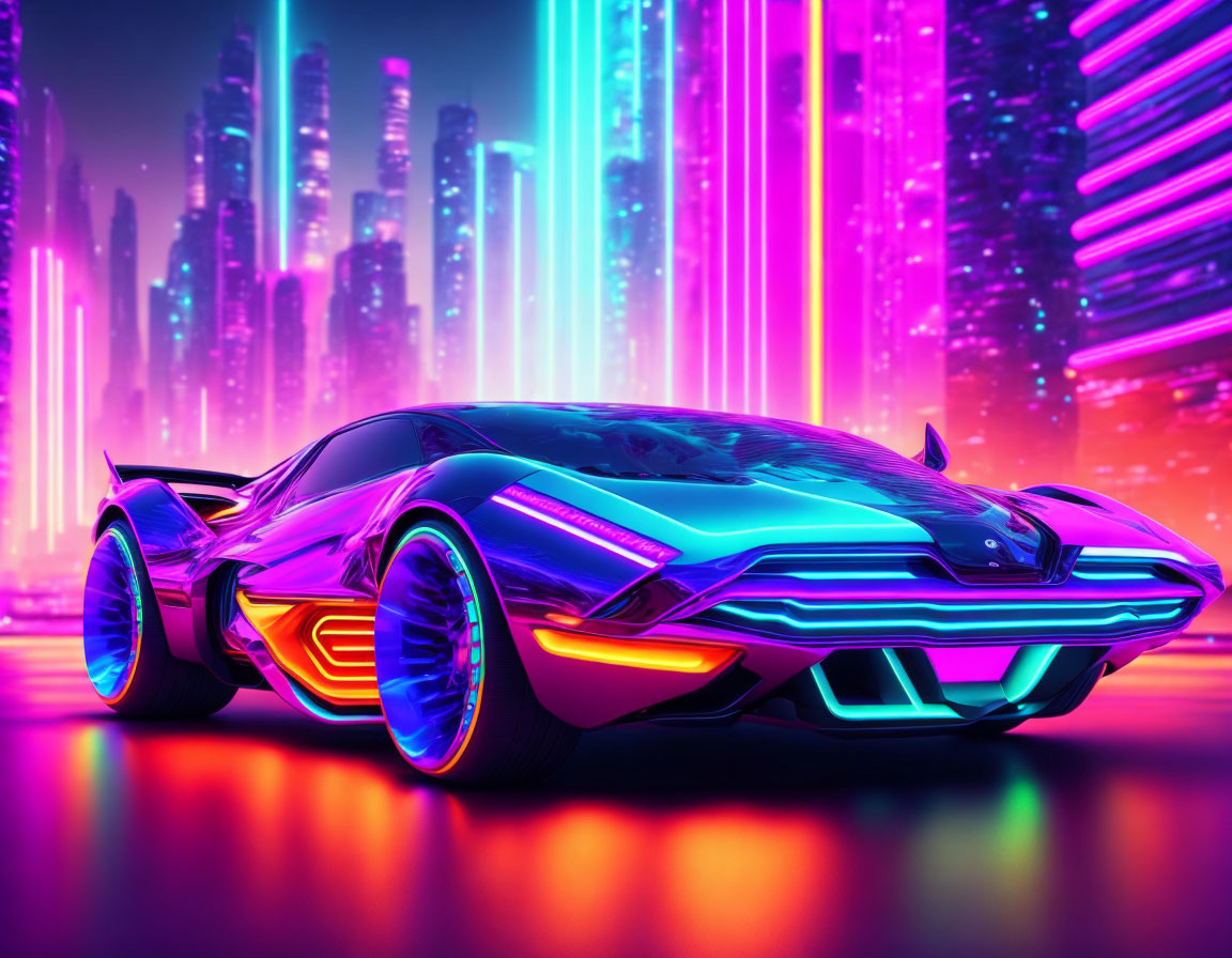 Futuristic car with blue and purple neon lights in vibrant city street