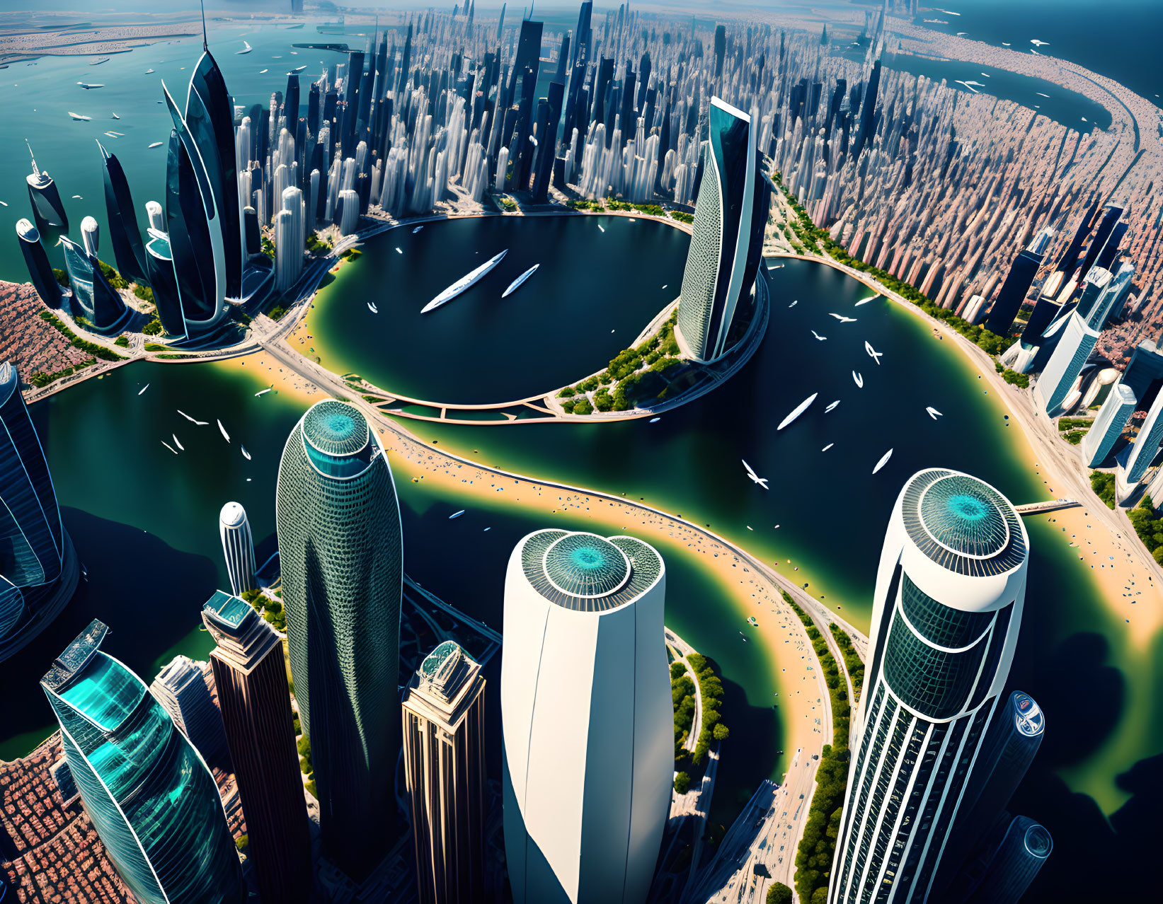 Sleek skyscrapers in futuristic cityscape with central lake