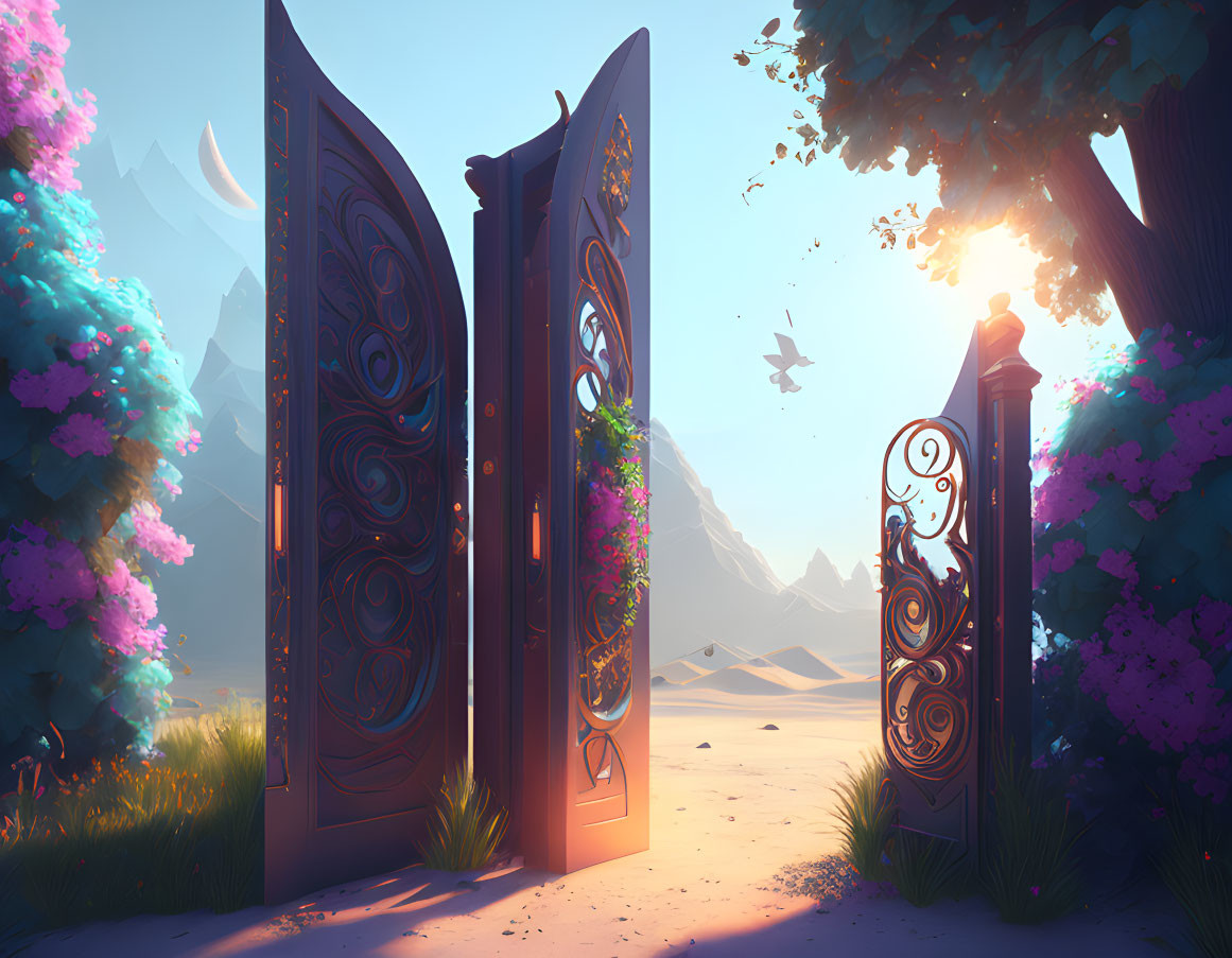 Ornate gate opening to vibrant fantasy landscape