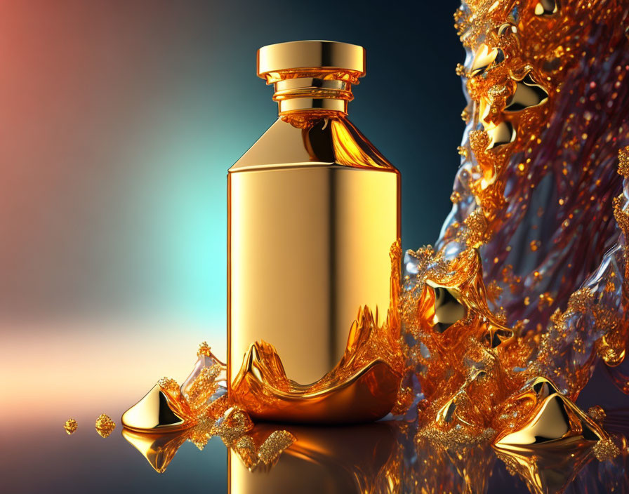 Golden Perfume Bottle with Dynamic Liquid Splashes on Ombre Background