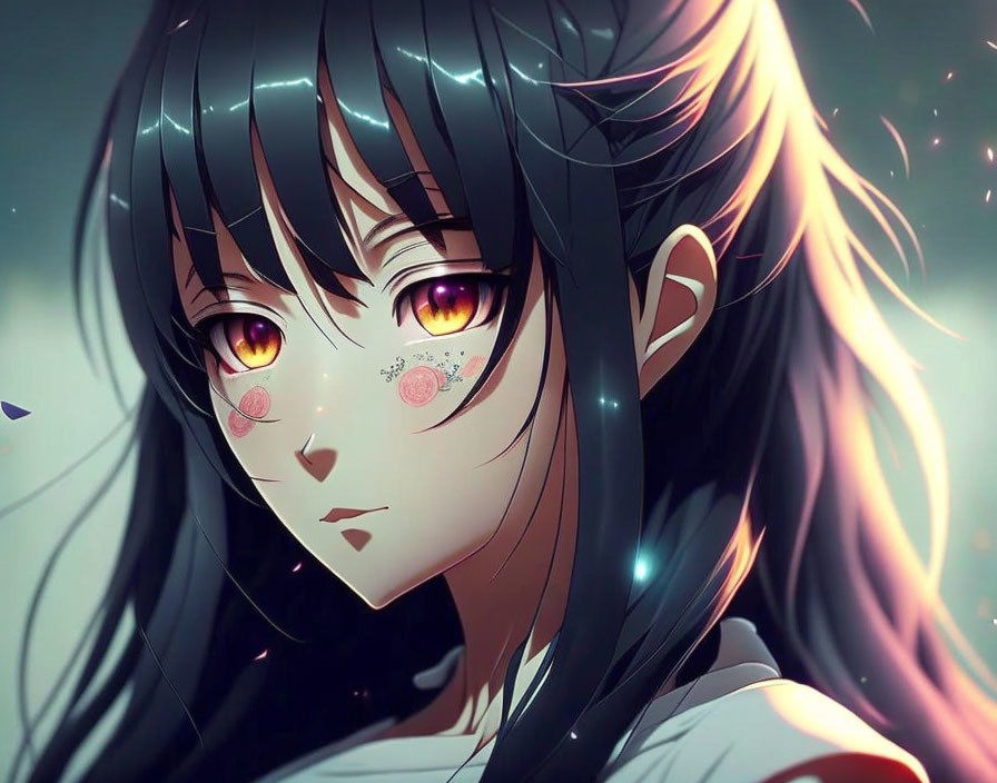 Amber-eyed animated character with long black hair and glowing accents