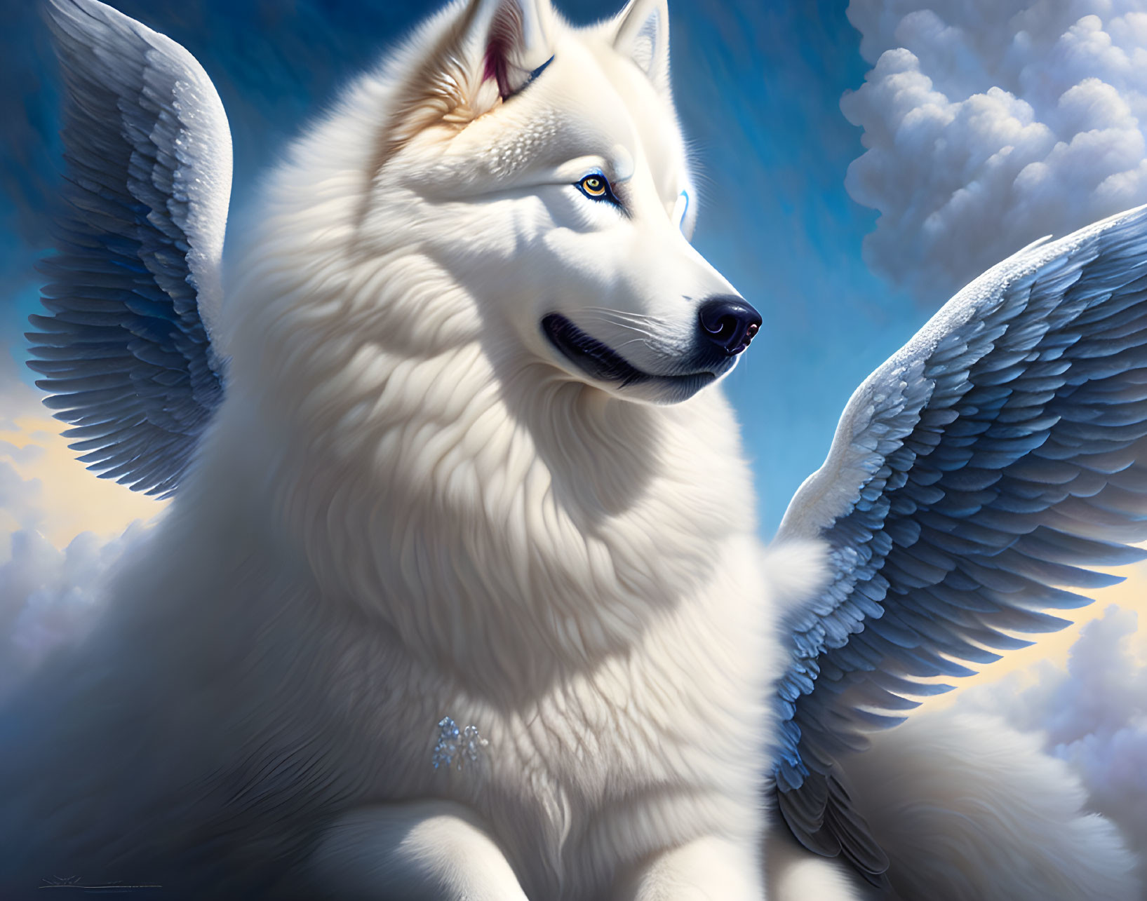 White Winged Wolf with Blue Eyes in Cloudy Sky