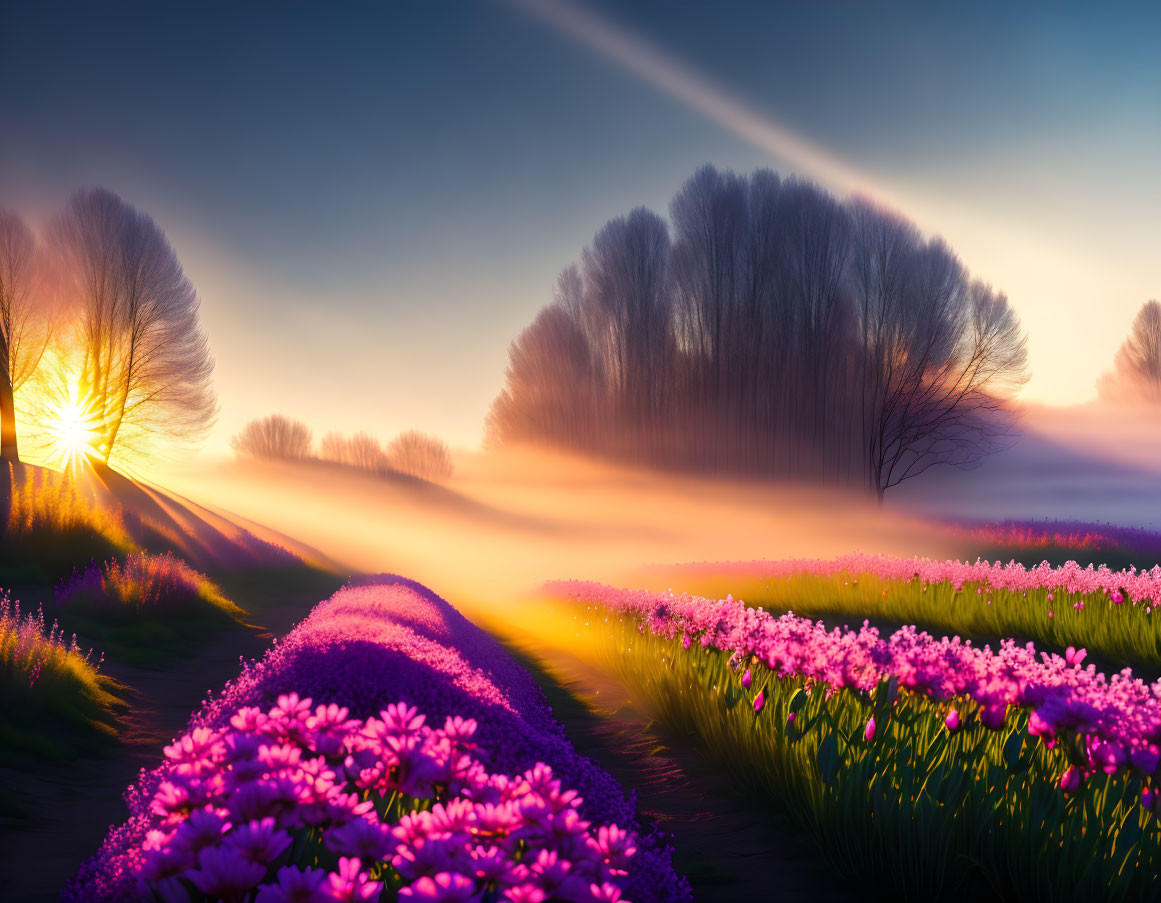 Vibrant purple flowers in misty sunrise landscape