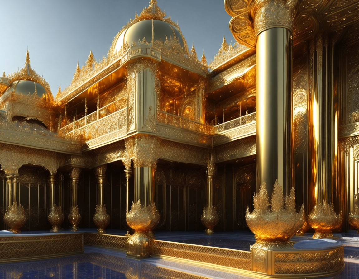 Luxurious golden palace with intricate designs and towering columns at sunset