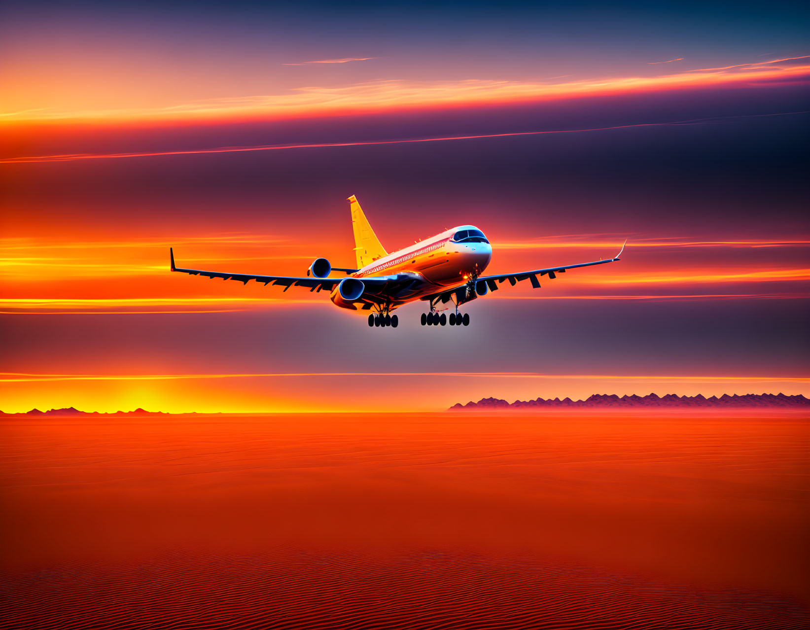 Airplane descending in vibrant sunset sky over cloud-covered horizon