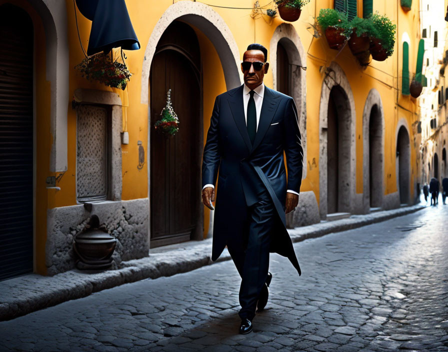 Confident Man in Suit Walking on Cobblestoned Street