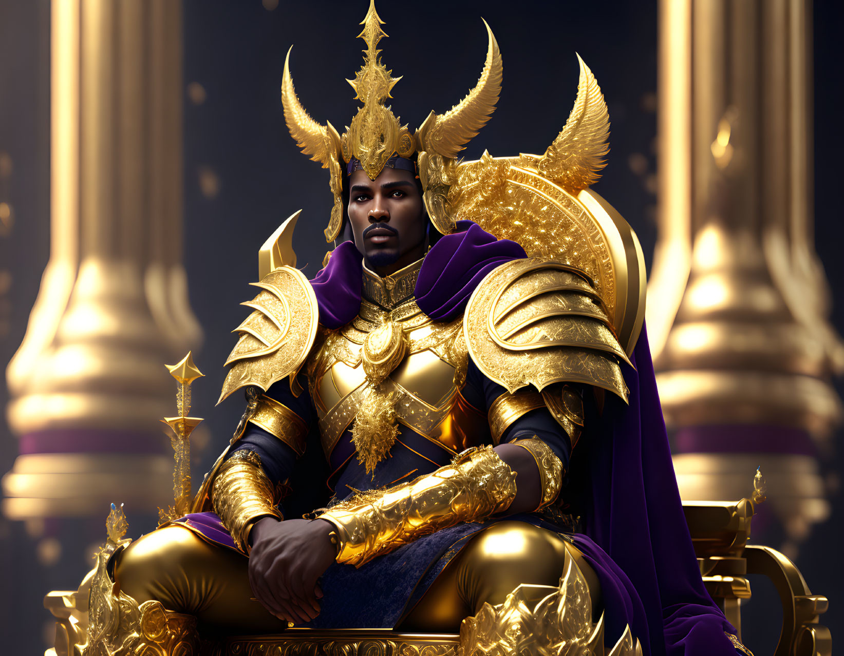 Regal figure in golden armor on gilded throne