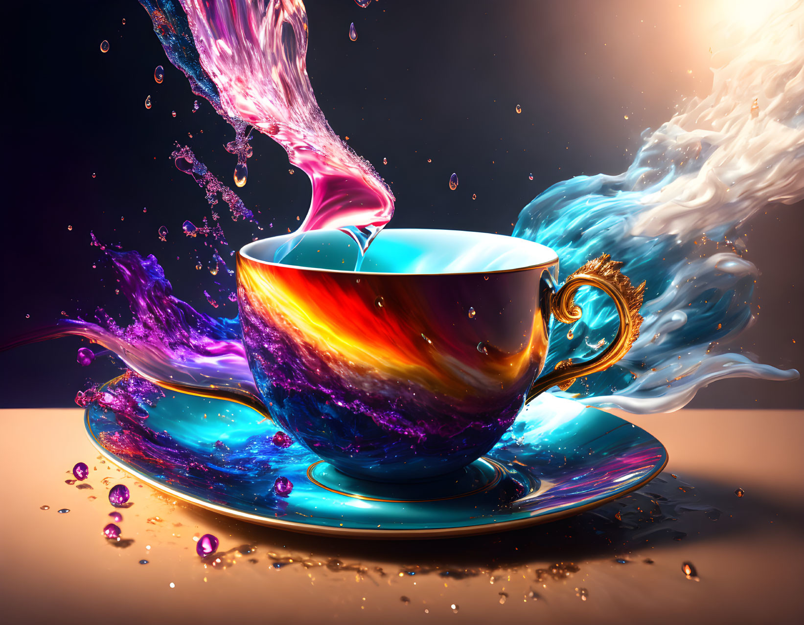 Colorful Cup and Saucer with Pink and Blue Liquid Splashes on Dark Background