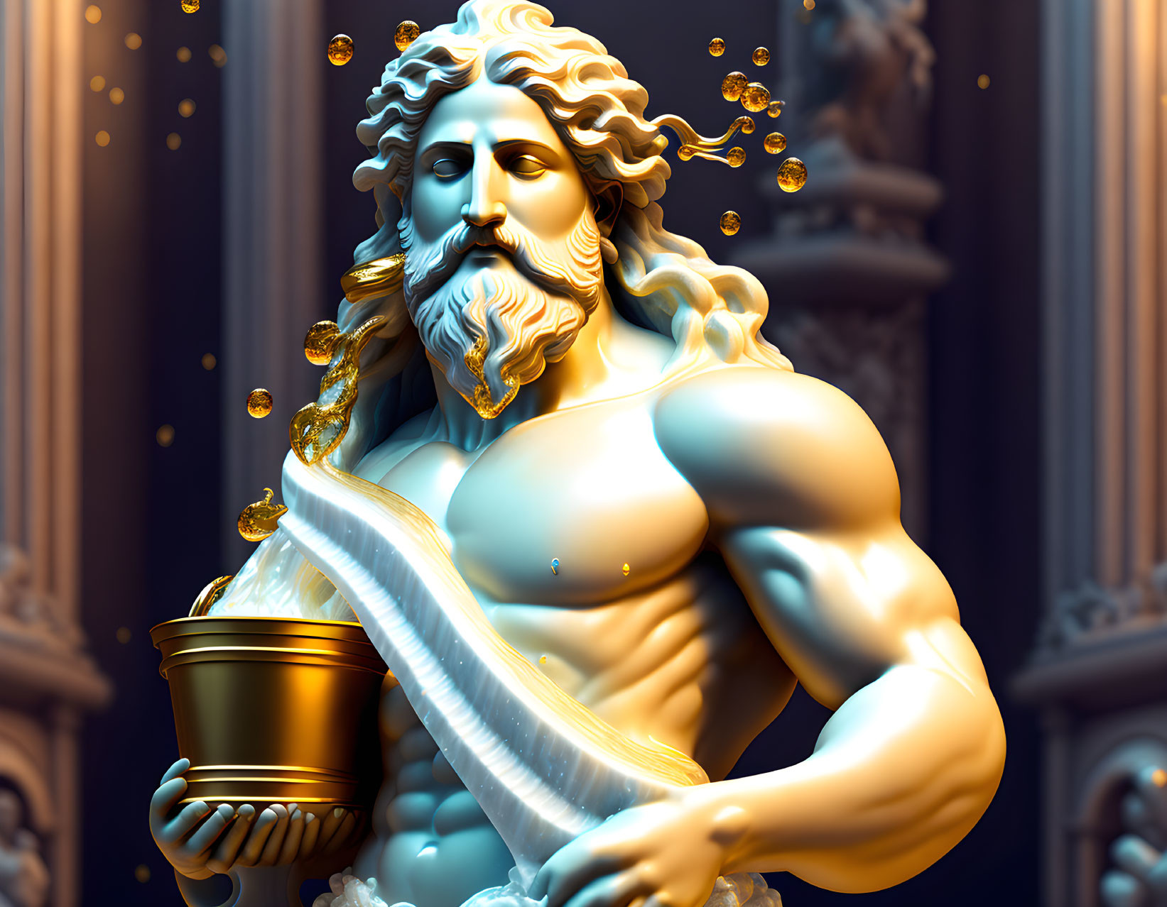 Muscular bearded figure sculpture holding chalice with suspended droplets